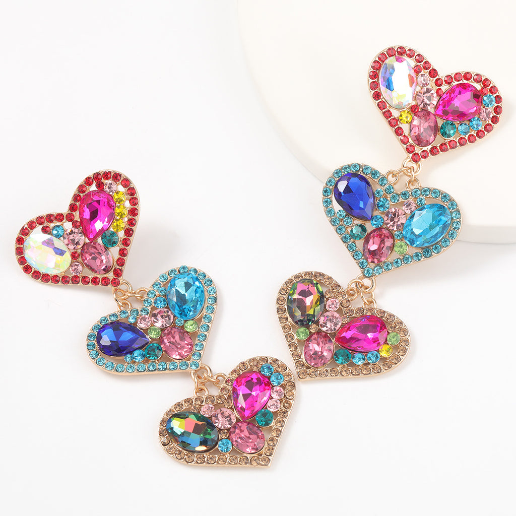 Tres Tier Love Heart Crystal Earrings