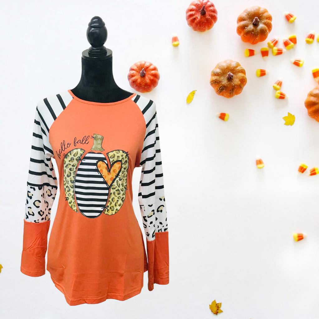 Hello Fall Pumpkin Stripes Leopard Long Sleeve Top